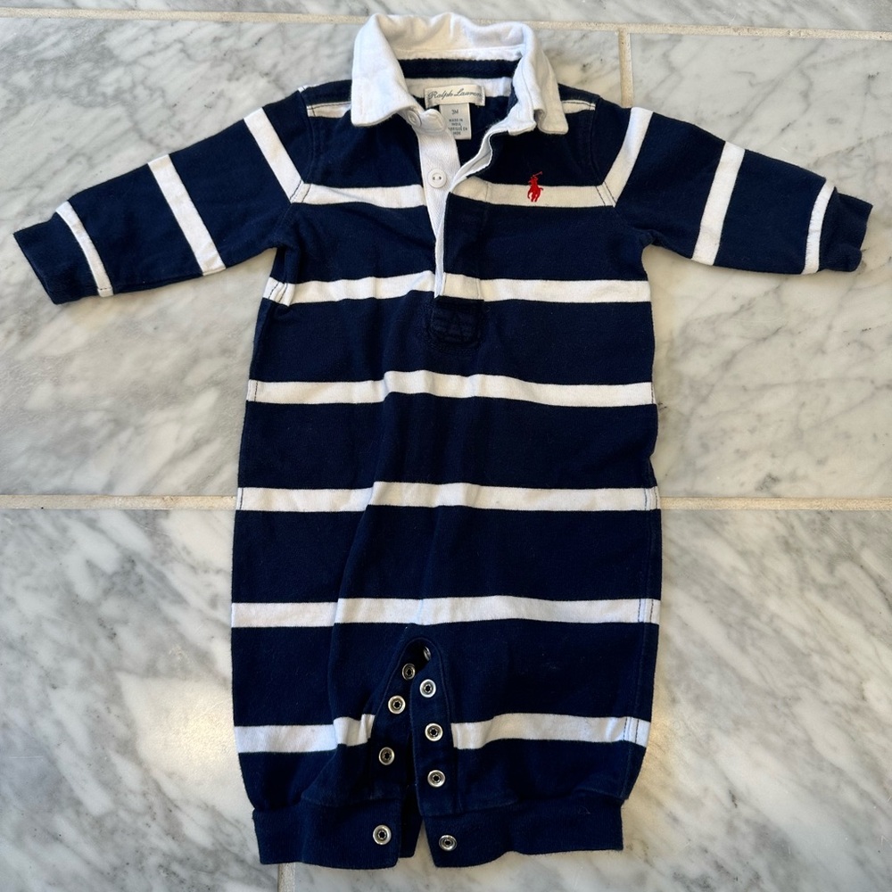 Ralph Lauren Navy and White Striped Kids One Piece